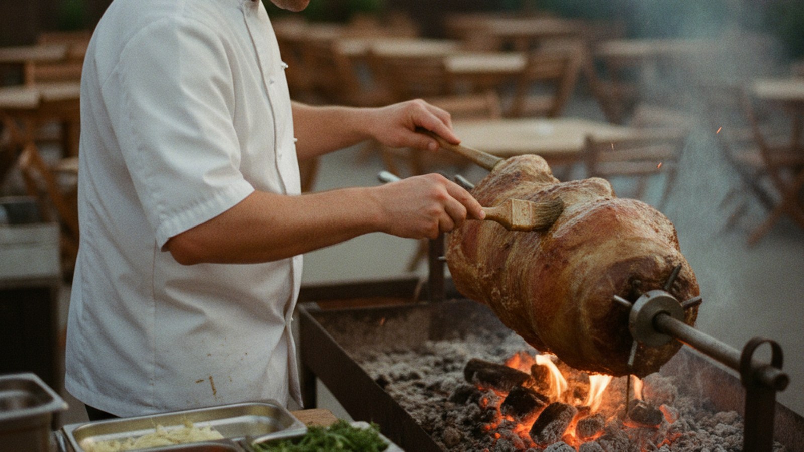 A chef tending the coals under a whole lamb midway through a spit braai cook