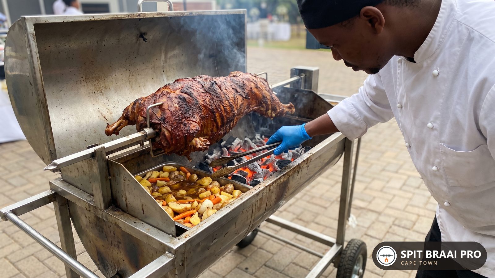 Chef banking the coals under a whole lamb on the spit before guests arrive