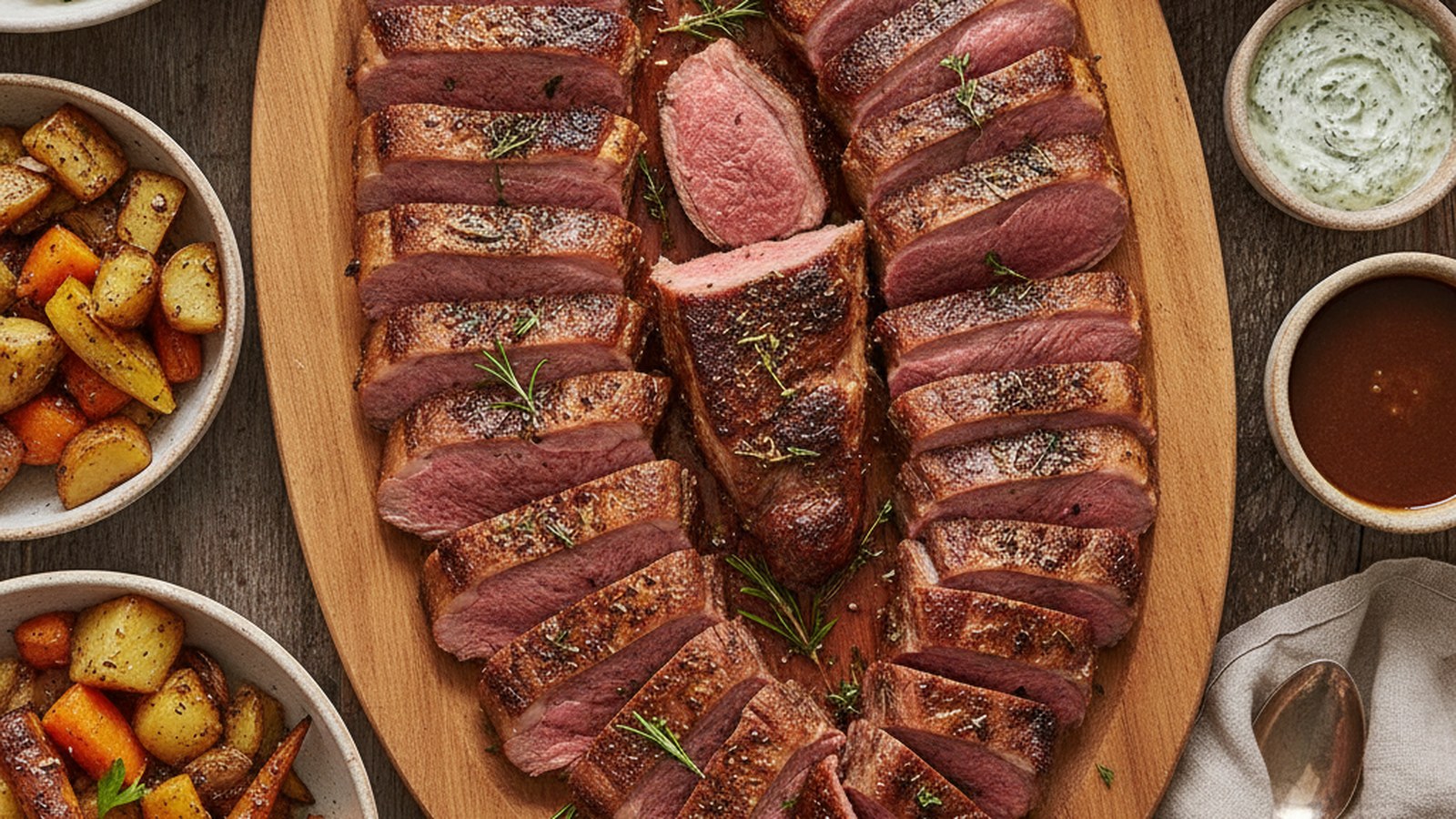 Carved halaal roast lamb served with rice and vegetables