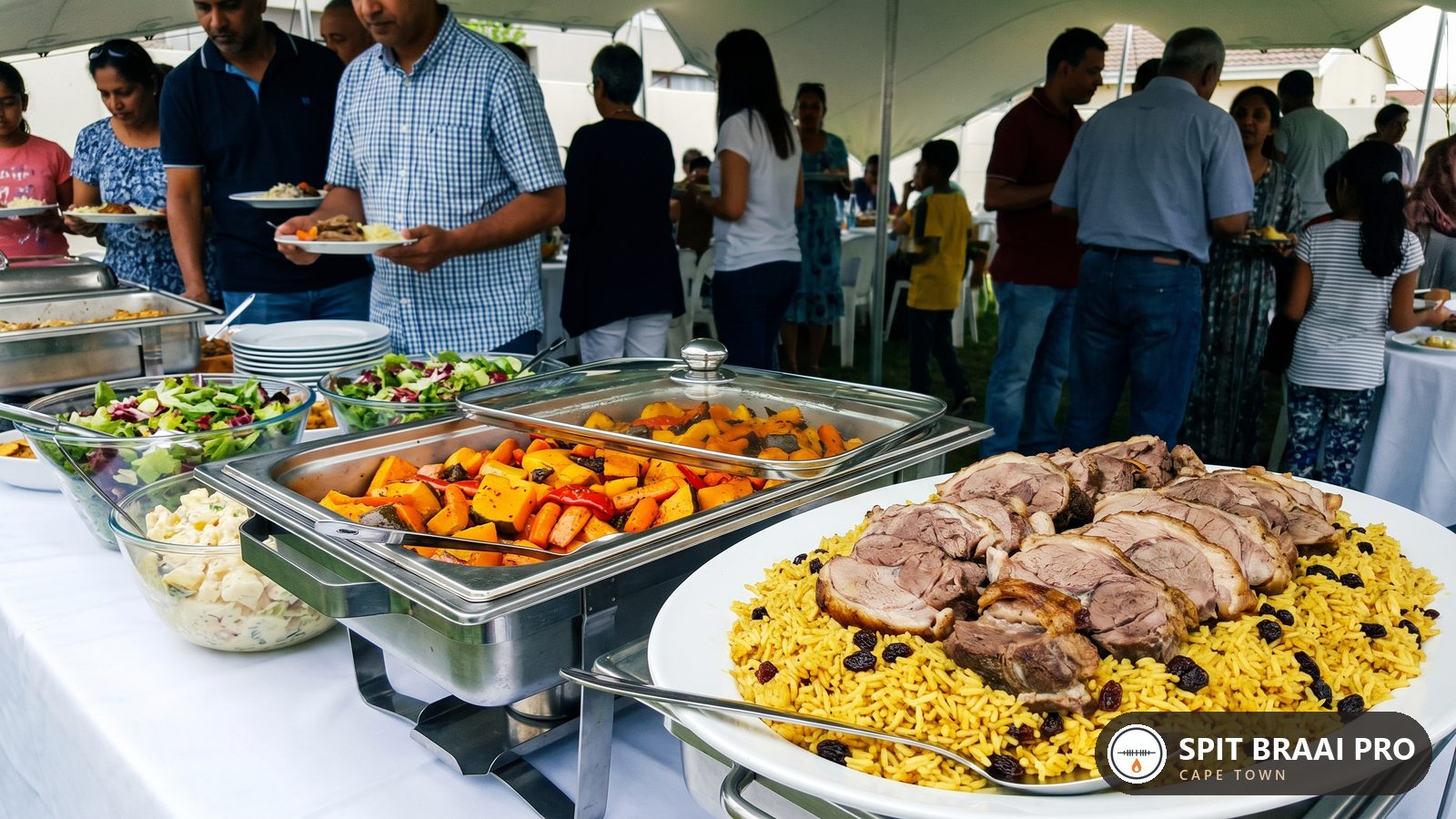 Platter of freshly carved roast lamb with rice, roasted vegetables and salads