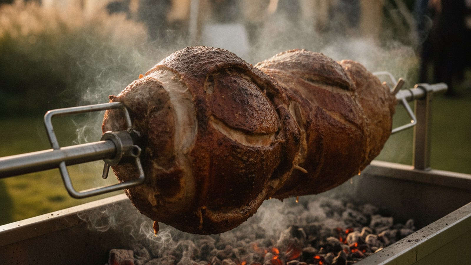 A whole lamb on the spit being turned over coals