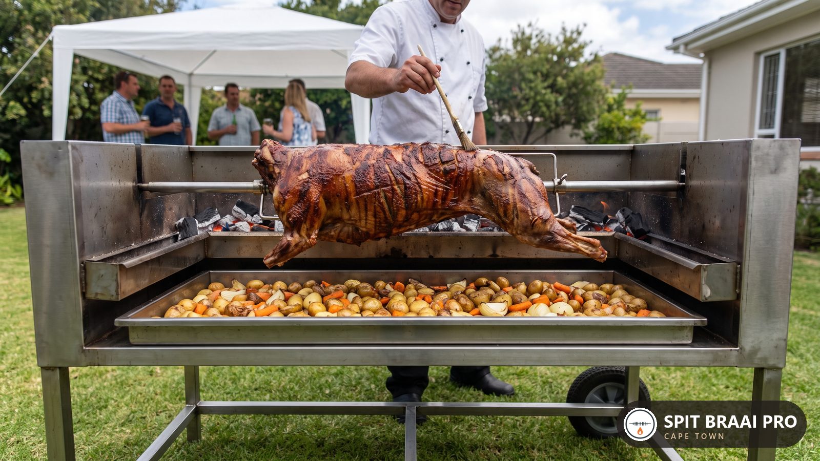 Whole lamb turning on a charcoal spit set up for a Paarl garden function