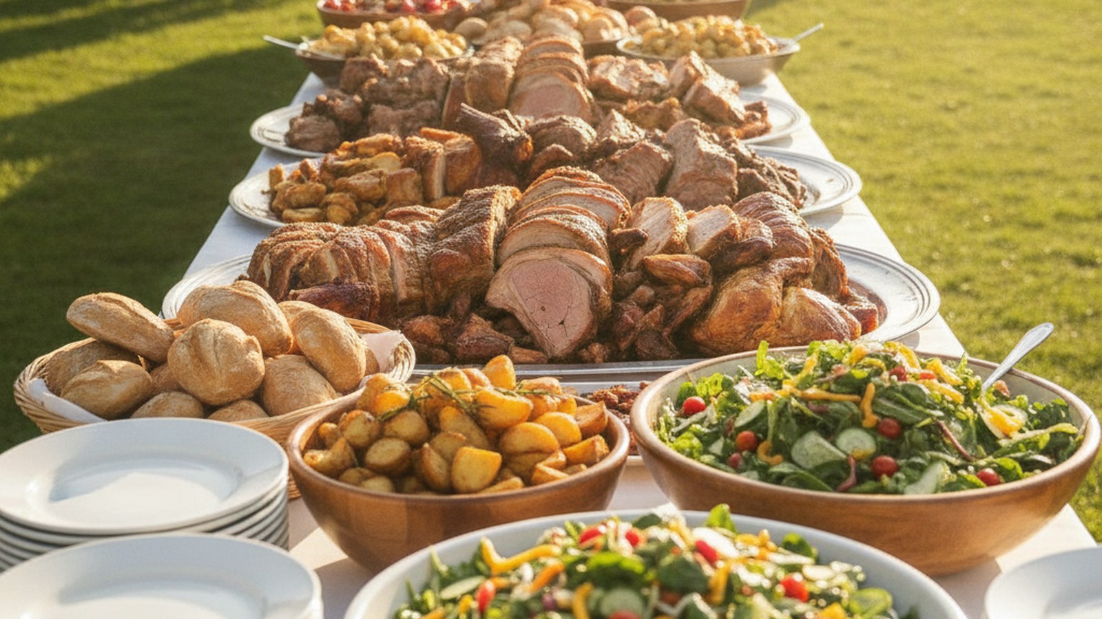 Carved spit-roast lamb and side dishes portioned out on a catering table