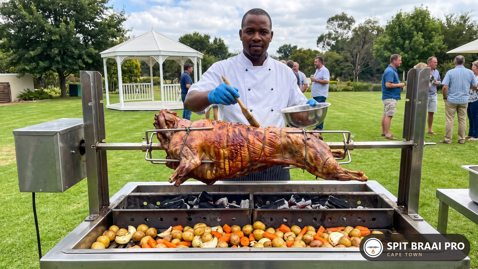 Spit braai chef in a white jacket basting a whole lamb on a charcoal spit at a garden function